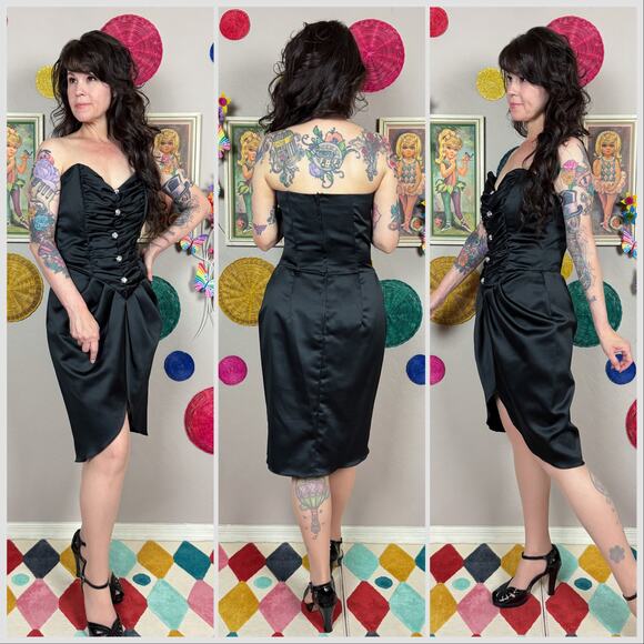 Vintage 1980s Black Satin Strapless Sweetheart Ruched Cocktail Dress - Picture 3 of 7